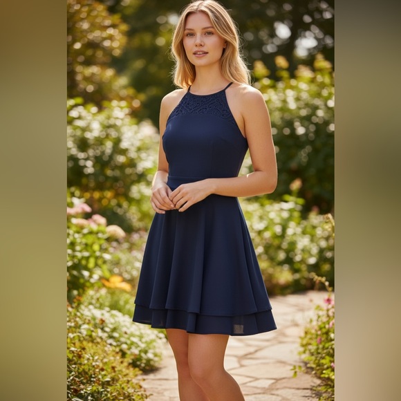 Emerald Sundae Dresses & Skirts - Emerald Sundae Navy Lace Halter Skater Dress L Layered Fit & Flare Cocktail